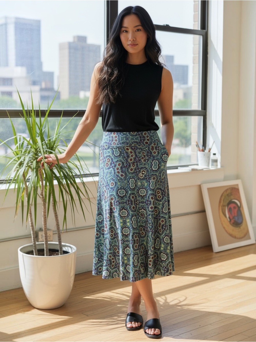Boho Tile-Print Midi Skirt in Teal and Navy